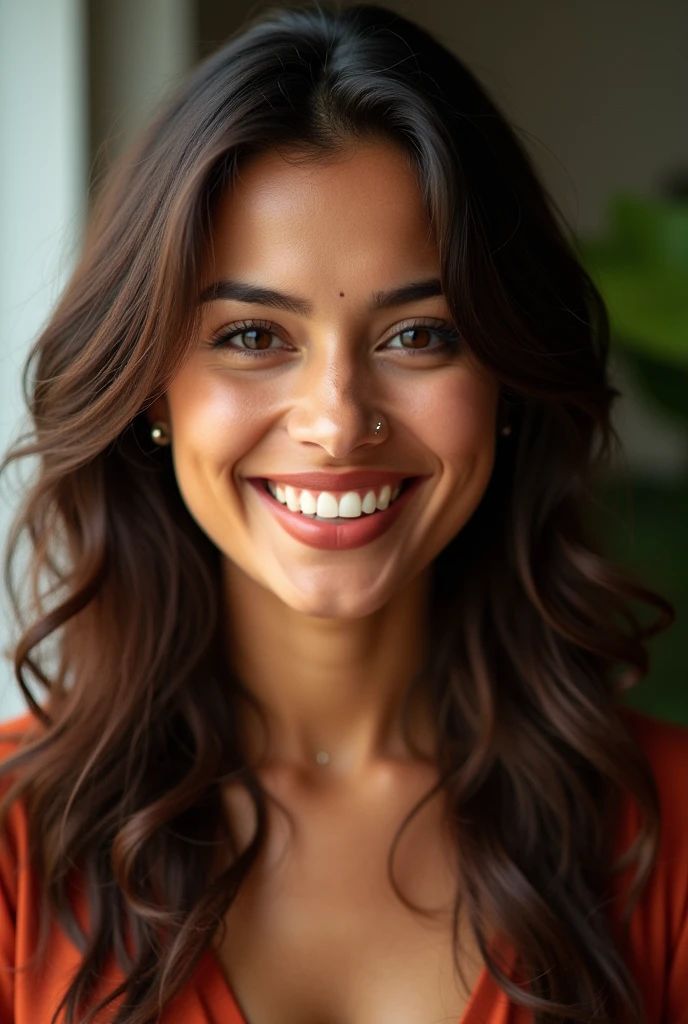 A heavenly Asian Indian, teacher and incredibly beautiful teaching classes at college.
Sua pele beijada Pelo sol, Captivating honey eyes, and flowing brown hair immediately catches the eye.
The portrait appears to be a high resolution photograph., capturing every detail to perfection.
Her red lips are full and attractive, It exudes a seductive charm.
The overall image quality is exceptional, natural with impressive details. an identical woman, Face, Pelo.
A beautiful smile.