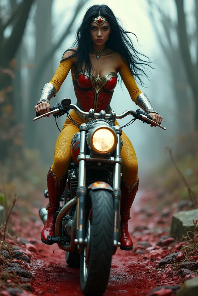 (((A beautiful woman riding a futuristic high-powered motorcycle (((Burnt yellow one-piece suit with scales that covers the entire body))),(((Red and blue Wonder Woman corset)))Long black hair Silver metal diaema with a red star on her forehead Long silver bracelets Long red boots up to her knees Blood around her (((cursed cemetery))),(((Bloody and terrifying images of a high-displacement red motorcycle with Wonder Woman logos)))