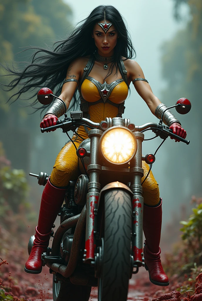 (((A beautiful woman riding a futuristic high-powered motorcycle (((Burnt yellow one-piece suit with scales that covers the entire body))),(((Red and blue Wonder Woman corset)))Long black hair Silver metal diaema with a red star on her forehead Long silver bracelets Long red boots up to her knees Blood around her (((cursed cemetery))),(((Bloody and terrifying images of a high-displacement red motorcycle with Wonder Woman logos)))