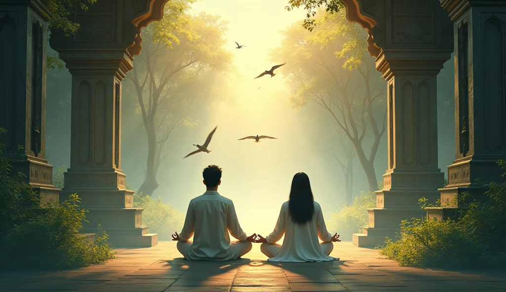 me realistic image of 2 asian meditating in an astral temple with forest and birds flying