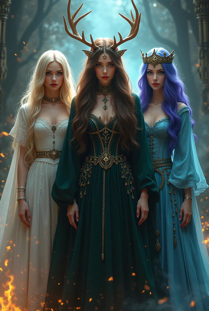 A coven of 4 witches a very beautiful blonde love witch with a doll face, sexy and attractive dressed in white, another druid witch with straight brown hair, glasses, with a deer antler headdress and green clothing, a chaos witch dressed in black with purple hair and elegant, a blue haired witch, dressed in blue like a princess, shape-shifting and mysterious
