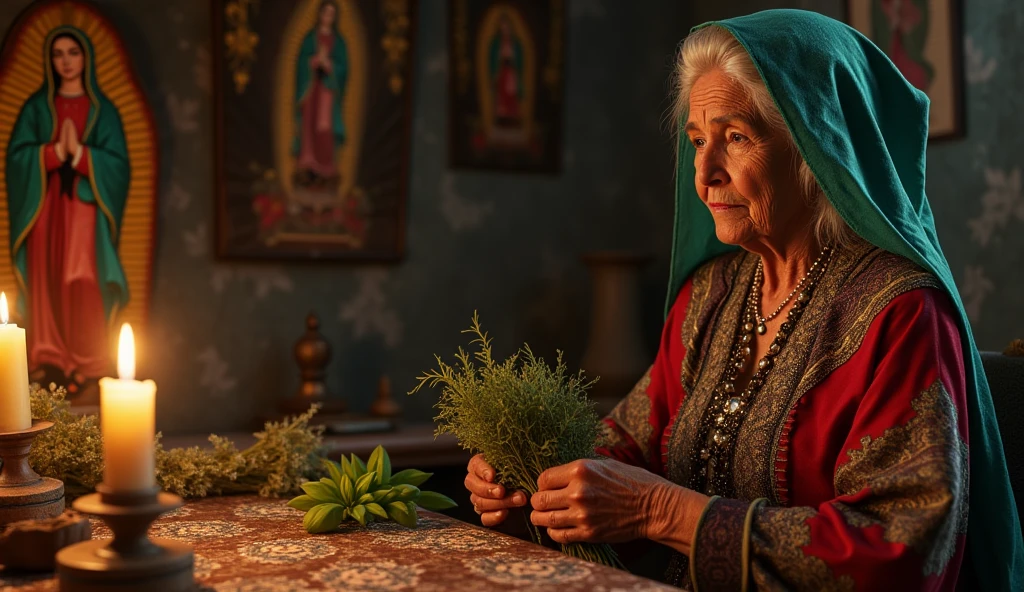 Create an ultra-realistic image of a 60-year-old traditional Mexican healer dressed in exquisite clothing, handkerchief on the lap. She is performing a blessing ritual. The healer holds a bundle of herbs, like rue and basil, In your hands. His expression is serene and focused as he performs the ritual.. in the background candles, aromatic herbs, virgin of guadalupe back in various sizes