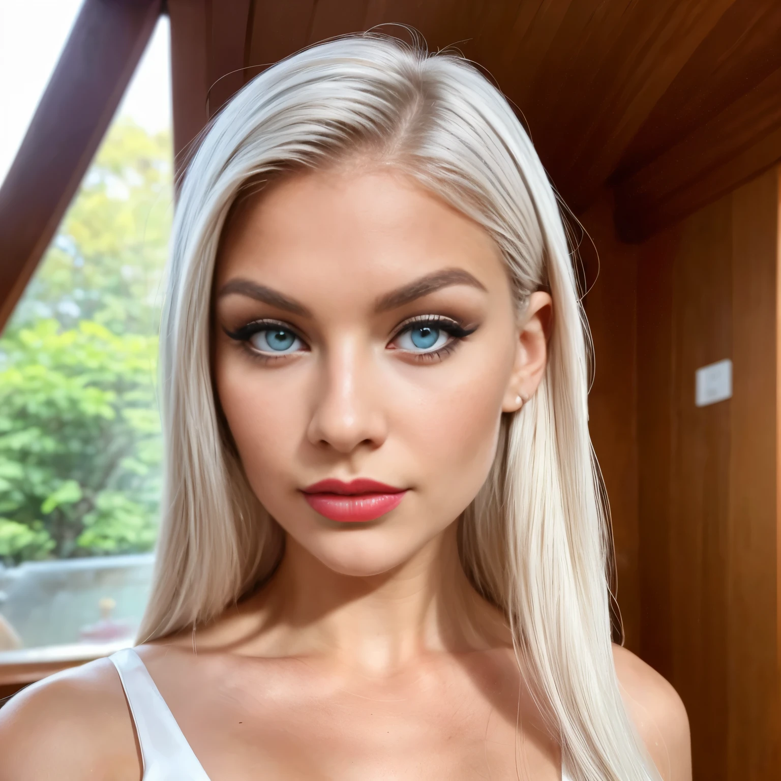 Feminine and elegant model with white hair and dark roots.
Age 20 years.
Light blue eyes.
Eyes looking at camera with playful face.
Beautiful, healthy and nourished hair.
Shoulder length wavy hair.
Freckles on the cheekbones (small and brown).
Very pale (white) skin
Brown eyebrows.
Slim and small model body.
Feminine and delicate face.
Lips with red lipstick.
Natural, long and beautiful eyelashes.
She has black eyeliner (cat type).
He has a "diamond" type face.
Chin slightly divided.
Beautiful low-cut and transparent dress.
Russian girl. He has a perfect body, without physical anomalies.
Professional image.
Full body image.
In the image it is daytime.