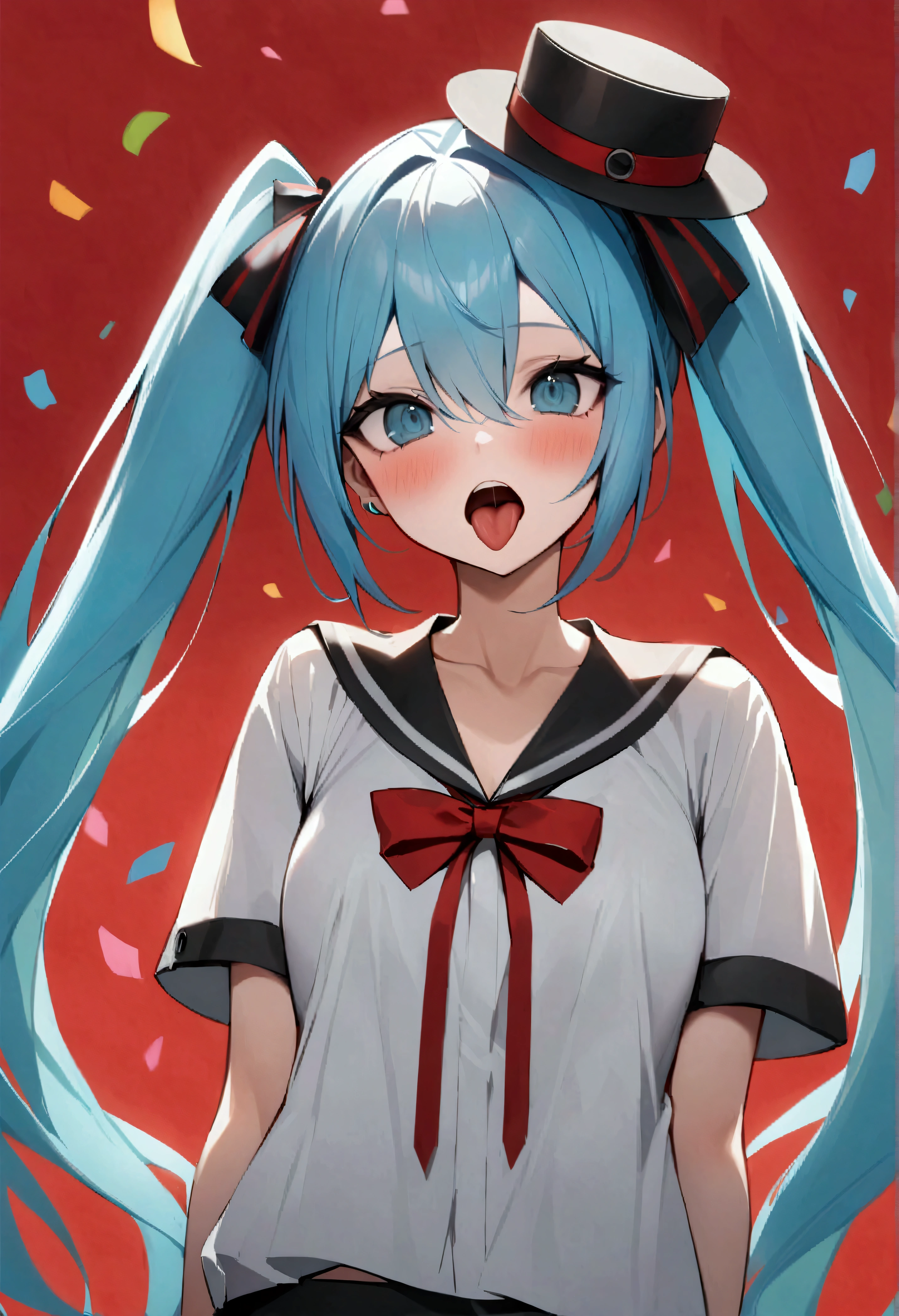 score_9、score_8_up、score_7_up、source_アニメ、High resolution、masterpiece、Highest quality、High resolution、Hatsune Miku、shiki_form、sf_concept、One person、tongue、teeth、solo、tongue出し、鋭いteeth、Long Hair、Mouth open、Twin tails、Red background、Watching the audience、black eye、Confetti、Short sleeve、灰色のhat、hat、Striped pattern、Light blue hair、shirt、Striped patternのribbon、Blue Hair、とてもLong Hair、bangs、ribbon