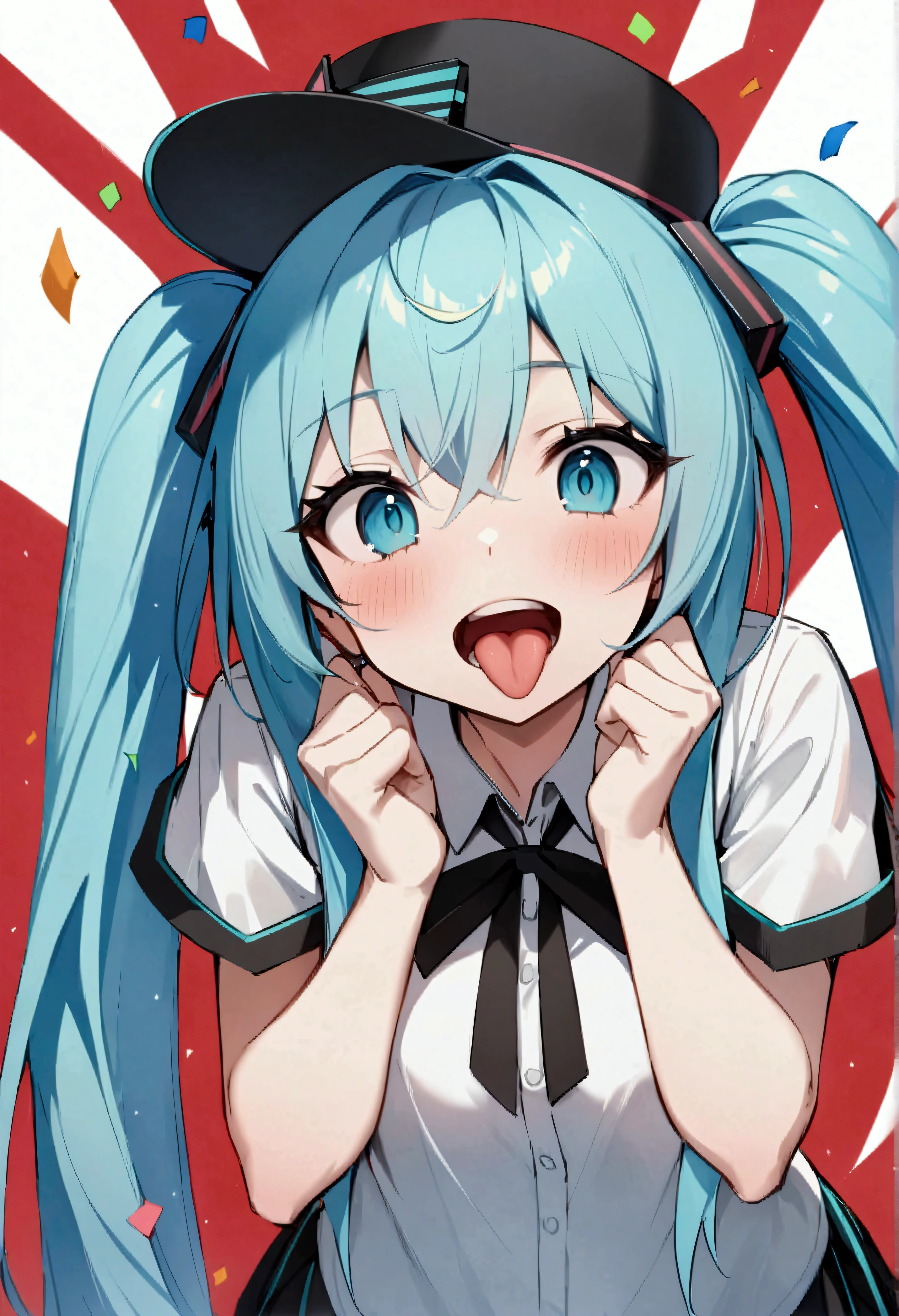 score_9、score_8_up、score_7_up、source_アニメ、High resolution、masterpiece、Highest quality、High resolution、Hatsune Miku、shiki_form、sf_concept、One person、tongue、teeth、solo、tongue出し、鋭いteeth、Long Hair、Mouth open、Twin tails、Red background、Watching the audience、black eye、Confetti、Short sleeve、灰色のhat、hat、Striped pattern、Light blue hair、shirt、Striped patternのribbon、Blue Hair、とてもLong Hair、bangs、ribbon