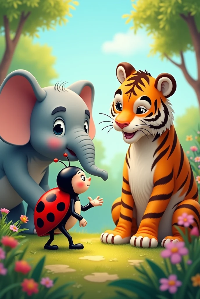 Create a ladybug talking to a cartoon elephant and tiger 