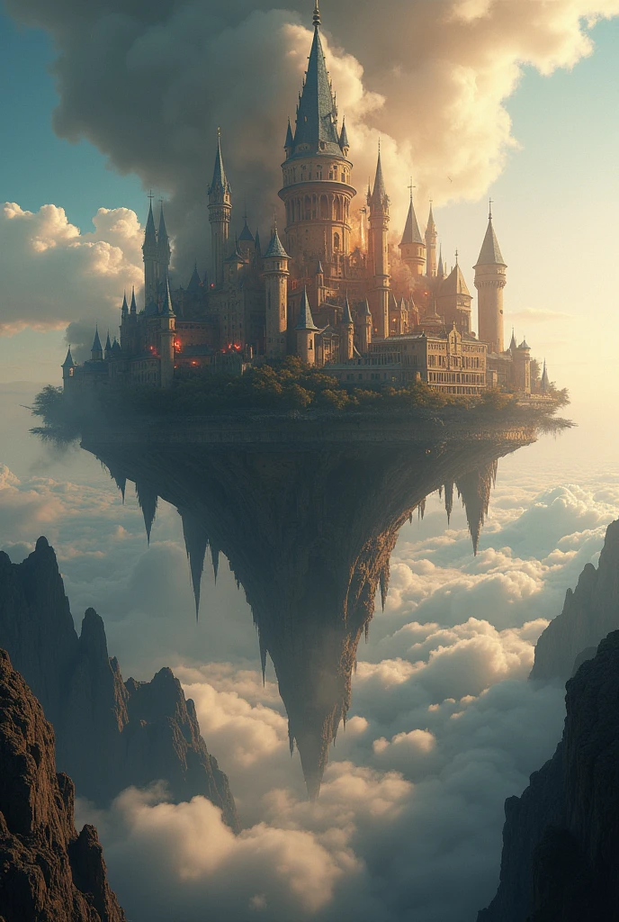 a medieval metropolis on a flying island amidst the clouds, in free fall and being destroyed and burn