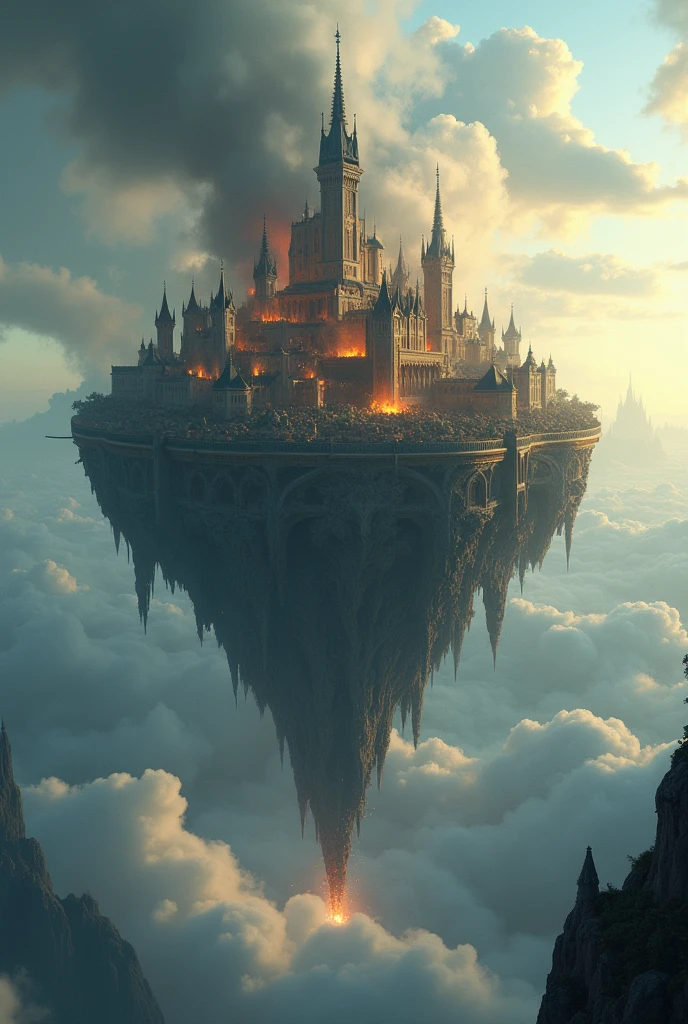 a medieval metropolis on a flying island amidst the clouds, in free fall and being destroyed and burn