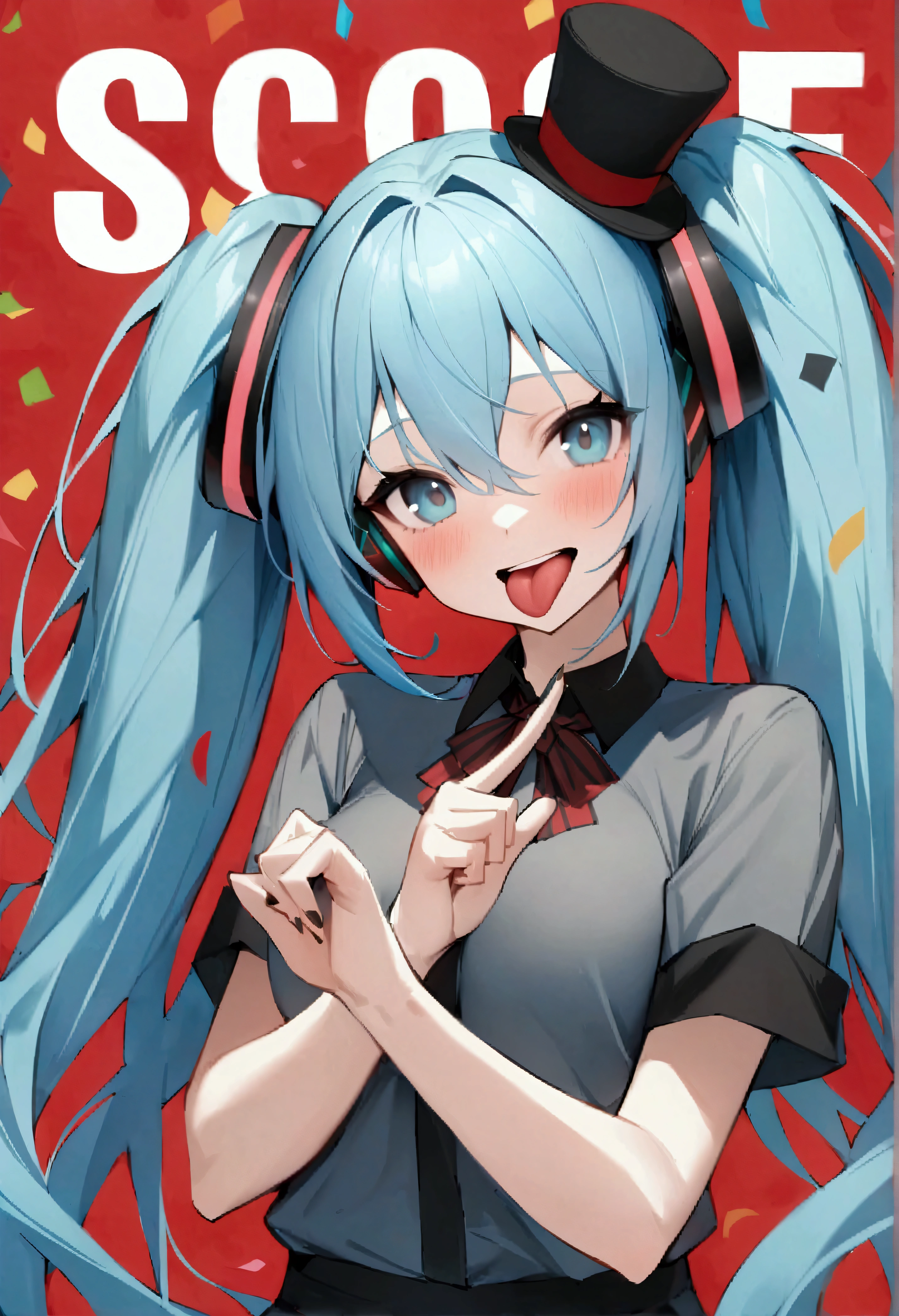 score_9、score_8_up、score_7_up、source_アニメ、High resolution、masterpiece、Highest quality、High resolution、Hatsune Miku、shiki_form、sf_concept、One person、tongue、teeth、solo、tongue出し、鋭いteeth、Long Hair、Mouth open、Twin tails、Red background、Watching the audience、black eye、Confetti、Short sleeve、灰色のhat、hat、Striped pattern、Light blue hair、shirt、Striped patternのribbon、Blue Hair、とてもLong Hair、bangs、ribbon