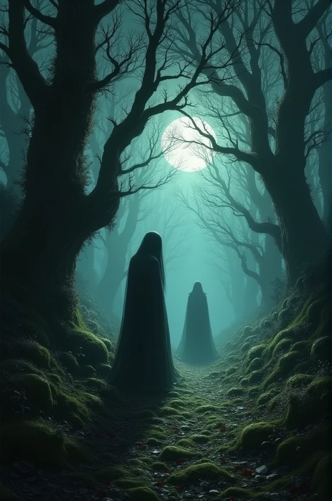 Create a dark romance cover with a forest scene and a mysterious figure