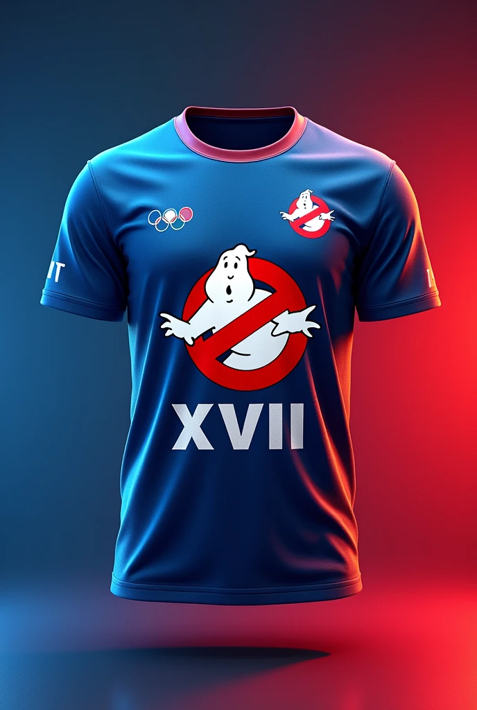 Make me a shirt for the Ghostbusters themed Olympics that has the number of the XVII promotion on the front and on the back. How would it look if the colors were blue and red?