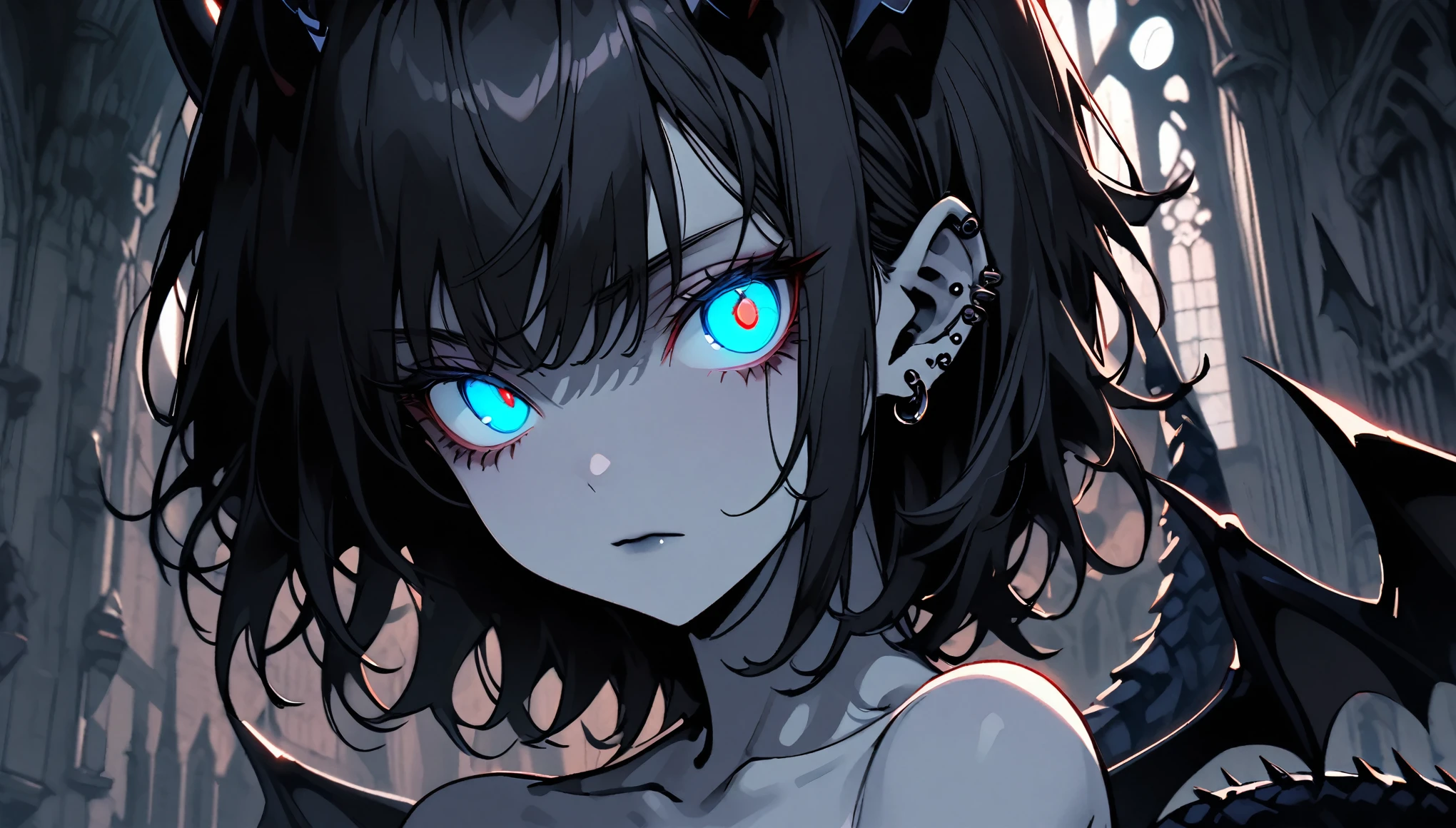 solo, female, close up, gargoyle, grey skin, piercing sapphire blue eyes, glowing eyes:0.2, short spiky hair, jet black hair, athletic, muscular, small breasts, grey bat wings, grey spade tail, pose, horns, nude, night, cathedral rafters, bored, casual pose, featureless body