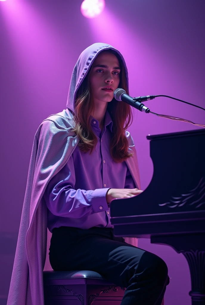 artwork best quality realistic image handsome american male teenager long brown hair light skin with purple button down shirt and black pants with silver cape and hood on his head sitting playing piano with microphone stand and a microphone in front of him with purple lights around it illuminating him. the piano has purple wings intricate details singing seen from afar in a show with details uhq details 8k beautiful realism 