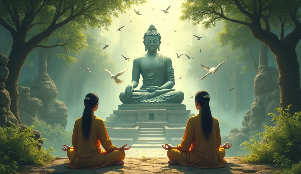 me realistic image of 2 asian meditating in an astral temple with forest and birds flying with big buddha statue