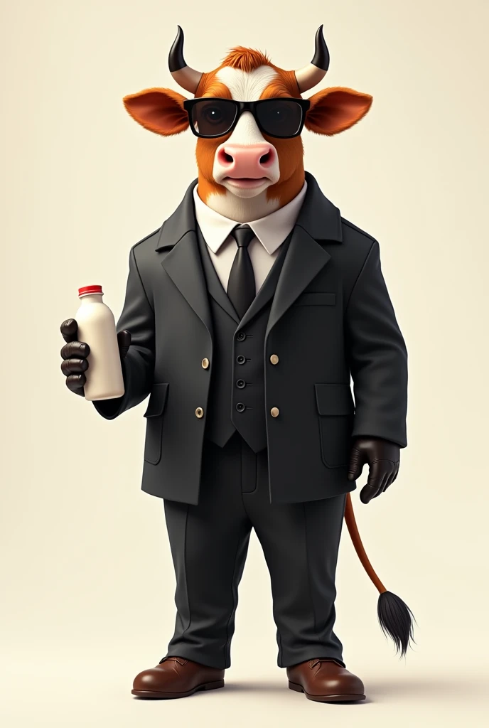 A medium sized cow, high, smiling, 2-legged stand, dressed in a full-body black suit, has no udder, She doesn't have  , with brown shoes, with black leather gloves, with black sunglasses, holding a bottle of yogurt in his right hand.