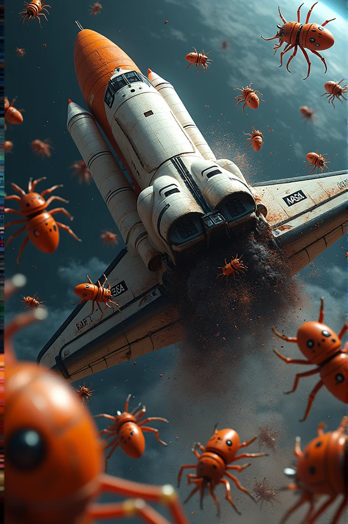 Orange robotic bugs ripping apart NASA space shuttle