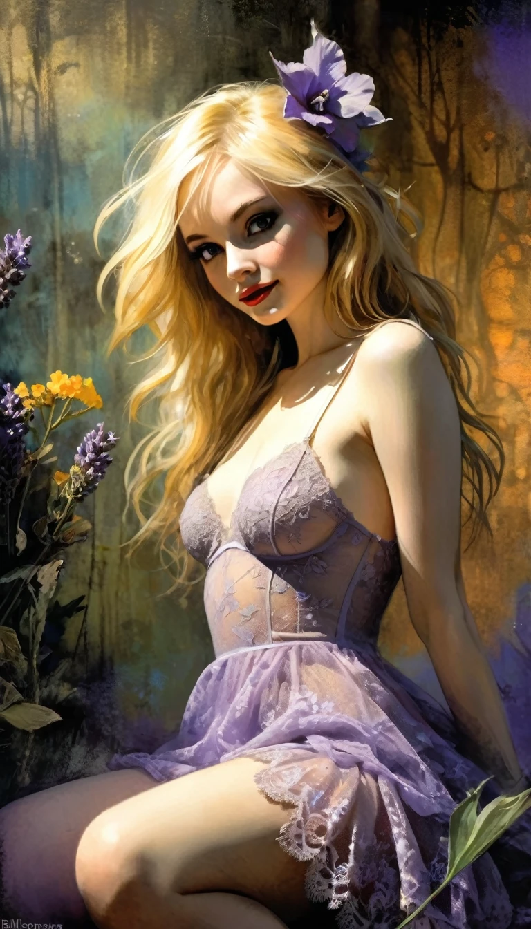 1 sexy girl, long blonde hair, lavender, lingerie, very small breasts, lace dress, holds her breasts with her hands, shows her breasts, smile, flower garden, full body, sitting, mountains in the distance, light particles, (depth of field, cinematic angle, cinematic lighting: 1.2), blurred background, blurred foreground, (masterpiece: 1.2), (best quality: 1.2), (very aesthetic: 1.2), (absurdity: 1.2), (detailed background), newest and most intricate details (best quality, 4k, 8k, high resolution, masterpiece: 1.2), ultra detailed, (realistic, photorealistic, photorealistic: 1.37), intricate details, vivid colors, sharp focus, professional , Dave McKean's artwork, surreal oil touch, oil painting style, portrait, woman, beautiful detailed eyes, beautiful detailed lips, dreamlike atmosphere, shadow play, soft lighting, fun pose, tones Dark and ethereal background, fantasy elements, texture, layered composition.{{ {,nsfw, speech bubble, sexy nude, art inspired by Bill Sienkiewicz and Dave McKean
