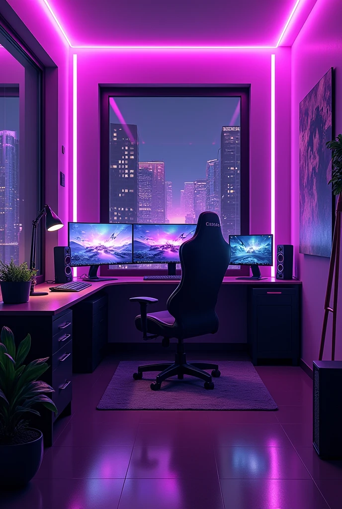 Create a gamer room with purple colors with high quality 
