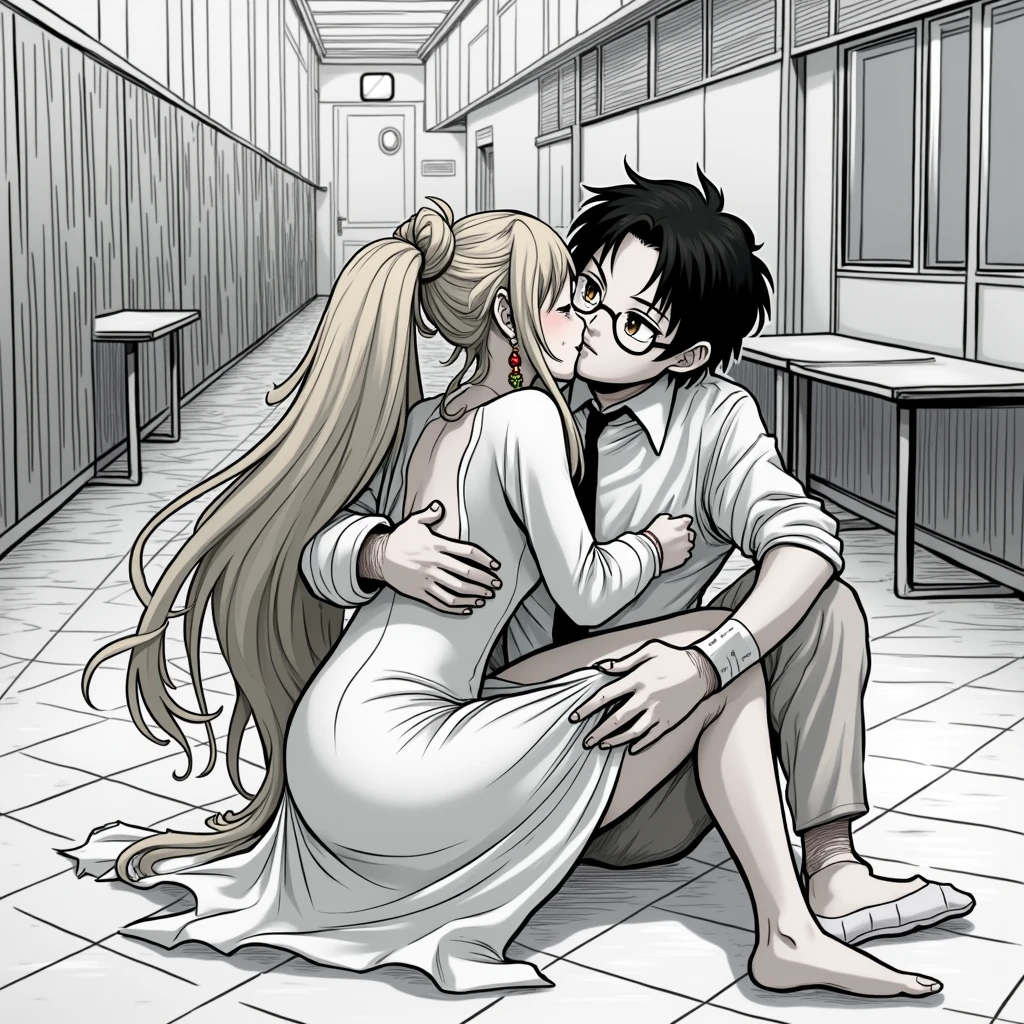 , アニメ, 2d, fully body, couple kissing passionately, the girl has long hair, blondie with two pigtails and two buns, super tiny tits girl, small elf ears on the left ear a ruby colored earring, thick thighs, big butt, skinny girl, the girl is dressed in a transparent white dress, without underwear, her butt is noticeable, the boy has black hair, brown eyes with glasses, super skinny, white skin, he is dressed like a Japanese office worker, the boy spanks the girl very hard and they continue kissing, they are in a not so well lit university room, manga style colored in black and white, portrait, 8k illustration,