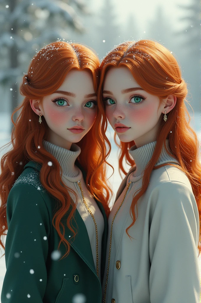 2 girl with auburn hair and emerald green eyes while snow falls in her hair. as realistic as possible