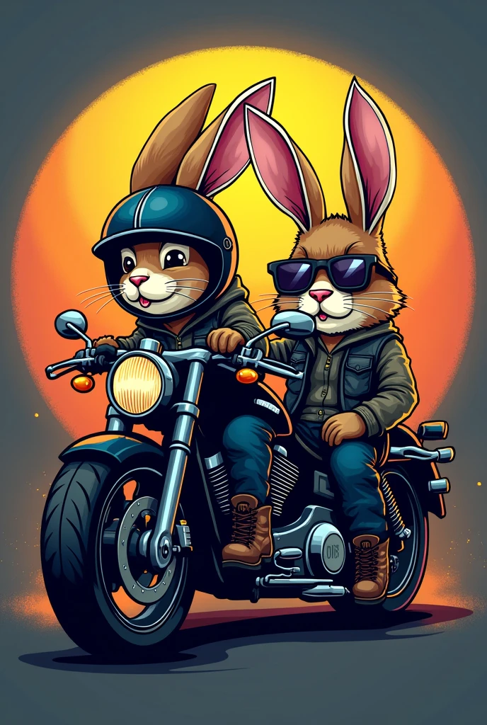 Create a logo with a motorcycle in the background and two biker rabbits, one of them with a helmet with his ears sticking out of the helmet, another with glasses, vest and boots