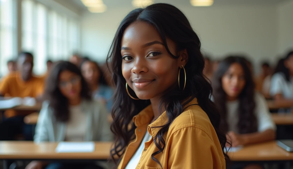 20 year old sexy Nigerian female university student in a classroom with her colleagues
