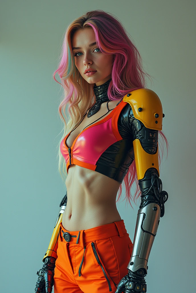 A Russian woman in cyberpunk style, with long hair in rainbow colors, with the right arm a full robotic hi-tech arm wearing short and colorful, very fashionable clothes