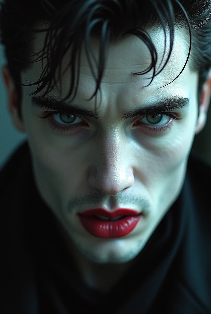 A man, with white skin, grey eyes, long eyelashes, light red lips, that looks like elvis presley and alain delon, with large Hunter shaped eyes and log fangs