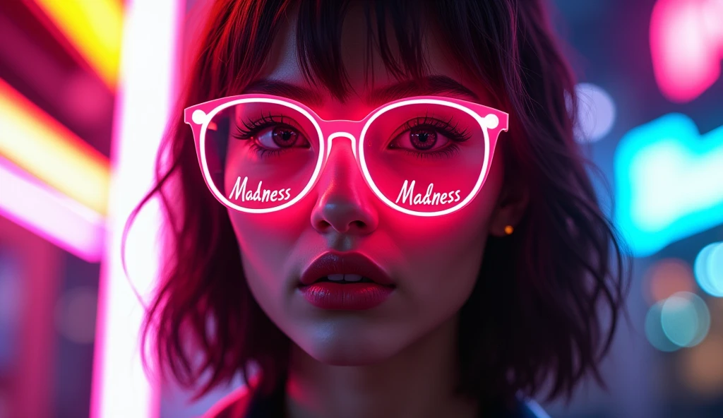 Hot Girl with Neon glasses with the name Madness written on them