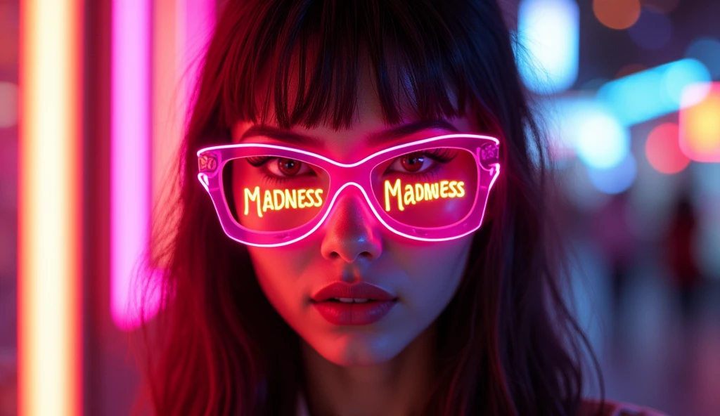 Hot Girl with Neon glasses with the name Madness written on them