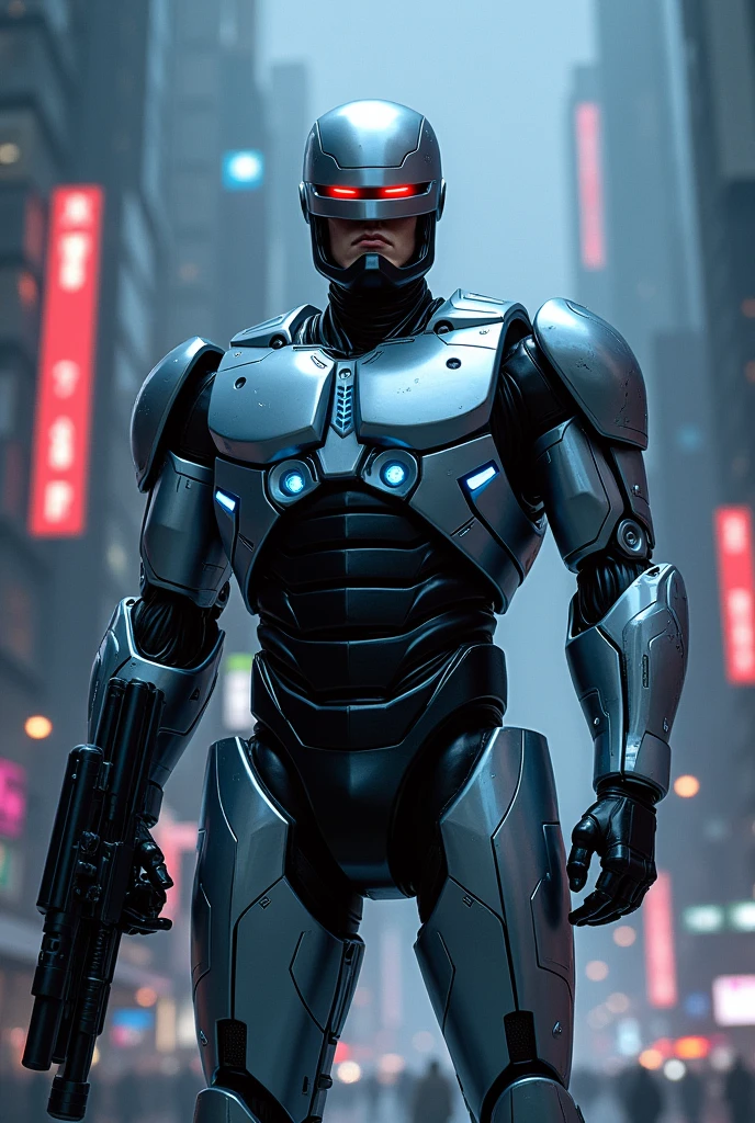 「Robocop standing against the backdrop of a futuristic city at night。His metallic body shines a cold silver color.、Blue LED lights are shining everywhere.。Sharp red eyes shine through the visor of his helmet.、Exudes an intimidating presence。In his right hand he holds a large gun、Standing guard against the enemy。Behind it stand tall skyscrapers、Neon lights twinkle。Robocop as a symbol of justice、They stand with a strong determination to confront criminals.。
