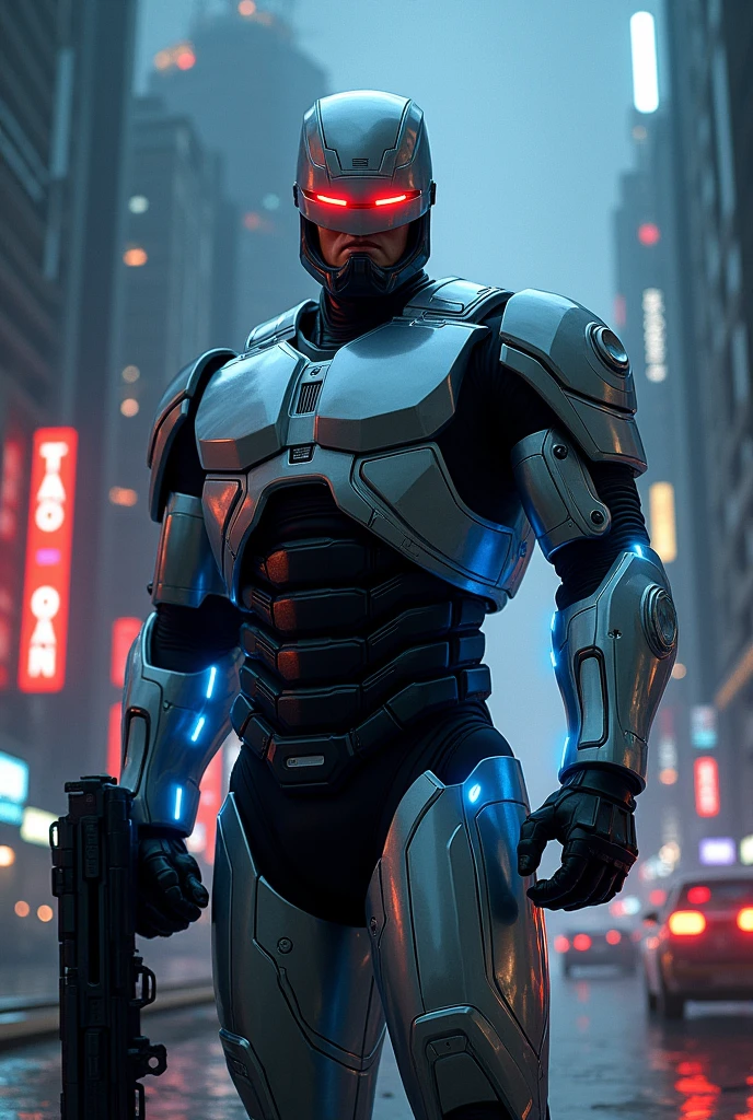 「Robocop standing against the backdrop of a futuristic city at night。His metallic body shines a cold silver color.、Blue LED lights are shining everywhere.。Sharp red eyes shine through the visor of his helmet.、Exudes an intimidating presence。In his right hand he holds a large gun、Standing guard against the enemy。Behind it stand tall skyscrapers、Neon lights twinkle。Robocop as a symbol of justice、They stand with a strong determination to confront criminals.。
