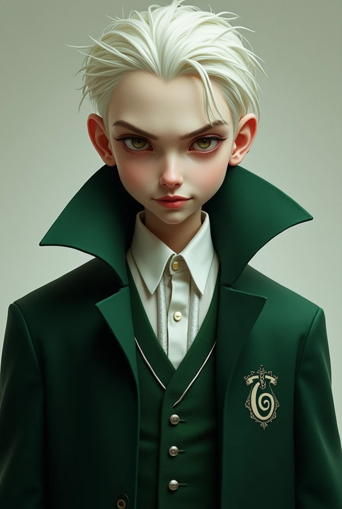 Draco malfoy With a white shirt a. splendid smile of evil, He is wearing the Slytherin uniform. realist