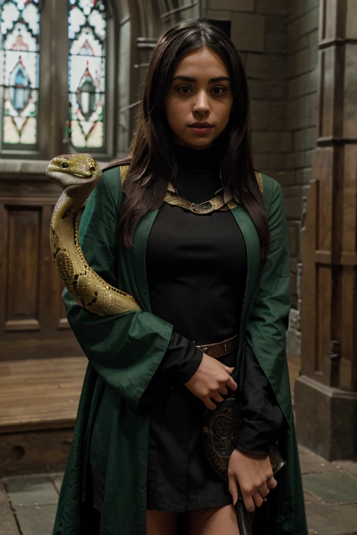 create an image of Alexa Demie holding a snake wearing a slytherin outfit. In front of Hogwarts castle