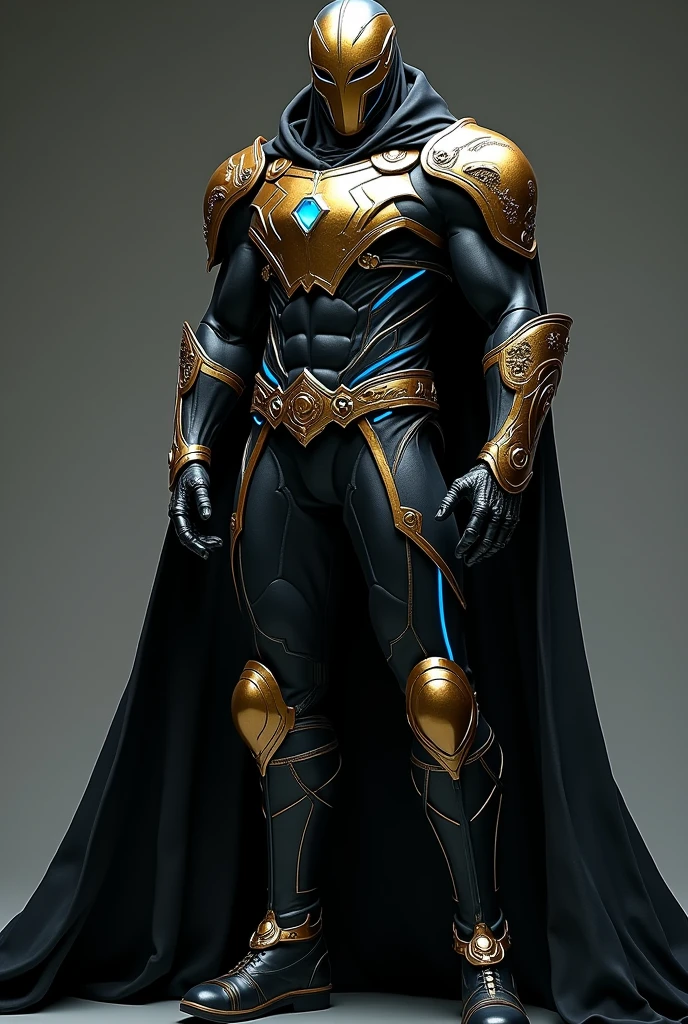 Imagine an imposing character, that combines the grandeur and mysticism of Doctor Doom with the elegance and power of Sebastian Shaw, all this complemented by Magneto's iconic helmet.
**tenue:**
- **layercete**: Based on Magneto's, the helmet is metallic, with a glossy black finish and gold accents. It has the same protective and intimidating structure, but with mystical runes engraved, remetendo à magie do Doutor Destino.
- **mask**: Like Doctor Doom, the character wears a metal mask under the helmet, with a design that combines straight and curved lines, creating both a technological and arcane aspect.
- **tenue**: The character's body is covered in black and gold armor., with the sophistication of an elegant suit, but reinforced with metal plates reminiscent of Doctor Doom's armor. The costume is highly technological, with bright energy inserts in a deep blue, that run through the body like circuits, mixing the classic look with a futuristic touch.
- **layer**: A long black cape, embroidered with gold threads, flows from the shoulders to the floor. It is reminiscent of both Doctor Doom's cape and Sebastian Shaw's imposing presence., giving the character an aura of royalty and power.
- **gloves and boots**: The gloves and boots are highly detailed, com desenhos em relevo que evocam tanto a tecnologia quanto a magie. They are resistant, but stylized, reinforcing the hybrid nature of the character.
**powers:**
- The character possesses both mystical abilities and brute strength, with the ability to absorb kinetic energy like Sebastian Shaw, which he can use to amplify his spells and attacks. He also manipulates magnetism like Magneto., using the helmet to protect his mind from psychic attacks and control the metal around him.
This character combines the best of both worlds of technology, magie, and physical power, creating a figure who is both a tactical genius and a fearsome warrior.