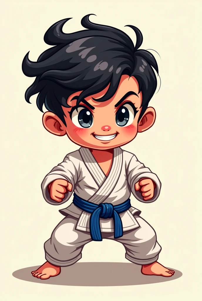 baby, jiu jitsu fighter, wavy black hair, Grinning