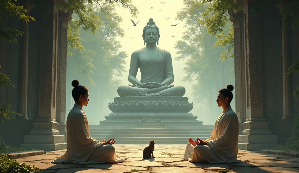 me realistic image of 2 asian meditating in an astral temple with forest and birds flying with big buddha statue and cat beside