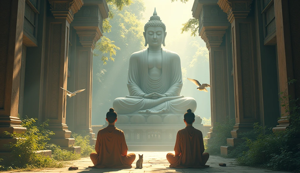 me realistic image of 2 asian meditating in an astral temple with forest and birds flying with big buddha statue and cat beside