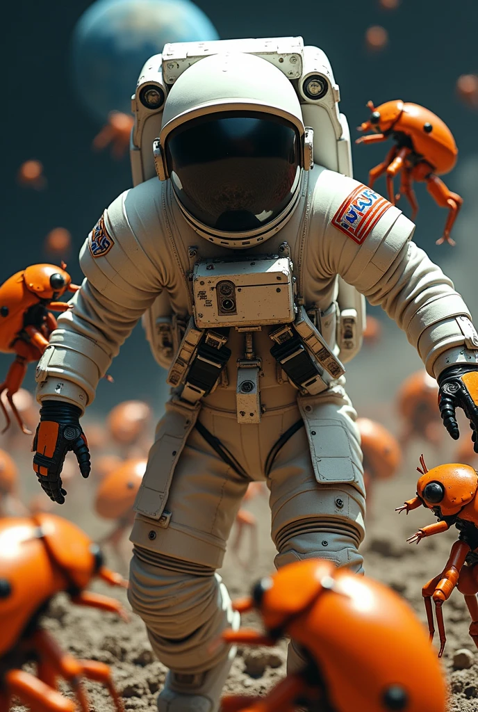 Orange robotic bugs ripping apart NASA space astronaut