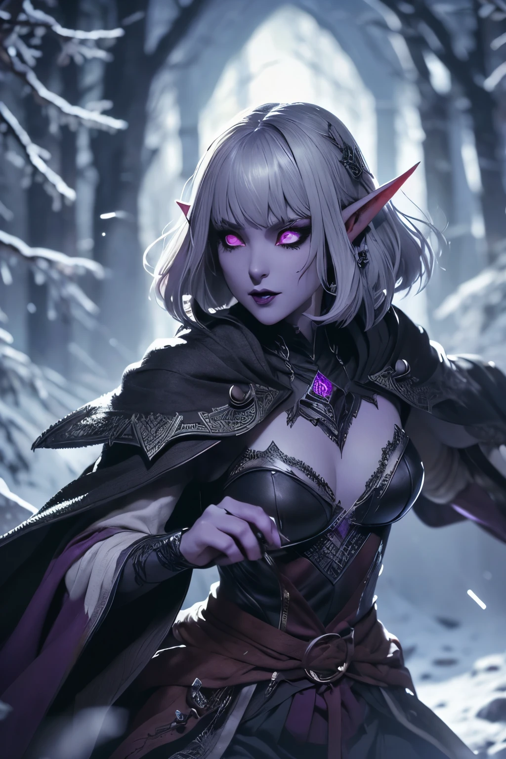 (Ultra-detailed face, looking away, Fantasy Illustration with Gothic, Ukiyo-e, Comic Art, Rich colors), 
BREAK 
(A female dark elf is being attacked by multiple ice skeleton warriors in the midst of a heavy snowfall. She lowers herself with a dagger, both hands glowing blue-white with cold-enhancing magic, and turns around and side-swipes the ice skeleton warriors with her dagger. She roars, she shouts her battle cry.), 
BREAK 
(This is the extreme cold of the north. The trees in the forest have turned to ice, the starlust is falling, and the air is so cold that it glistens. Snow continues to fall and fresh snow piles high in the air.), 
BREAK 
(DarkElves: A middle-aged dark elf woman with silver color hair, blunt bangs, bob cut and dark purple color skin, lavender color eyes.), 
BREAK 
(DarkElves: A female dark elf wears a full plate of mithril with runic reliefs and a short green cape.)