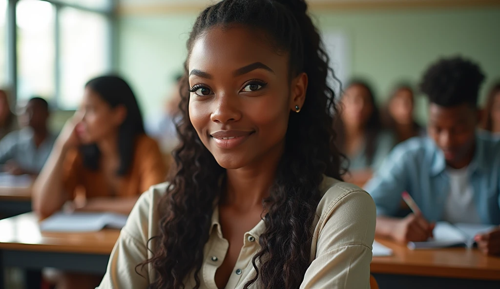 20 year old sexy Nigerian female university student in a classroom  with her colleagues 