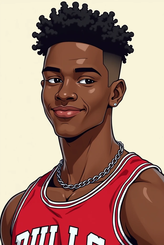 Style manga, a 2 black man, athletic and slim, frizzy hair shaved on the sides, Brown eyes, flat nose and thin lips. He smiles a little shy but charmingly.. He is wearing a red and white Chicago Bulls tank top.. Autour du cou il a une chaine en argent