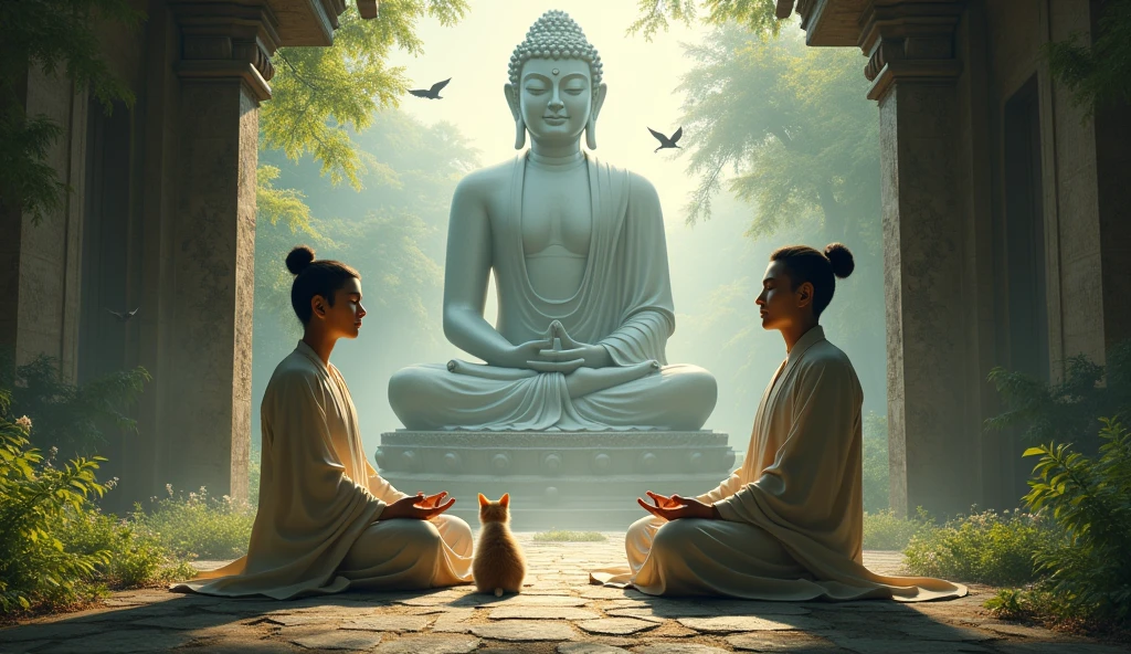 me realistic image of 2 asian meditating in an astral temple with forest and birds flying with big buddha statue and cat beside