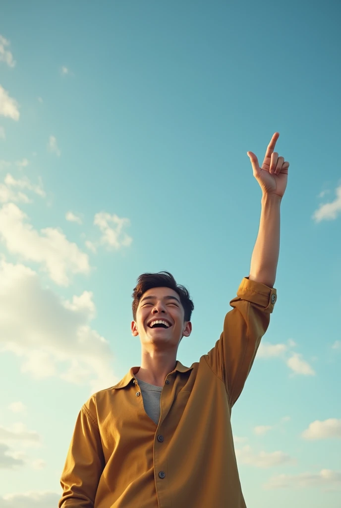 (photorealism:1.2), (8k) a young man pointing to the sky looking happy