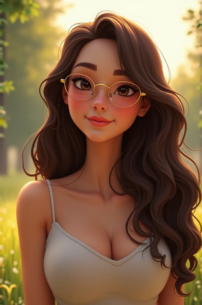 Brunette girl with long wavy hair wearing gold glasses and chubby