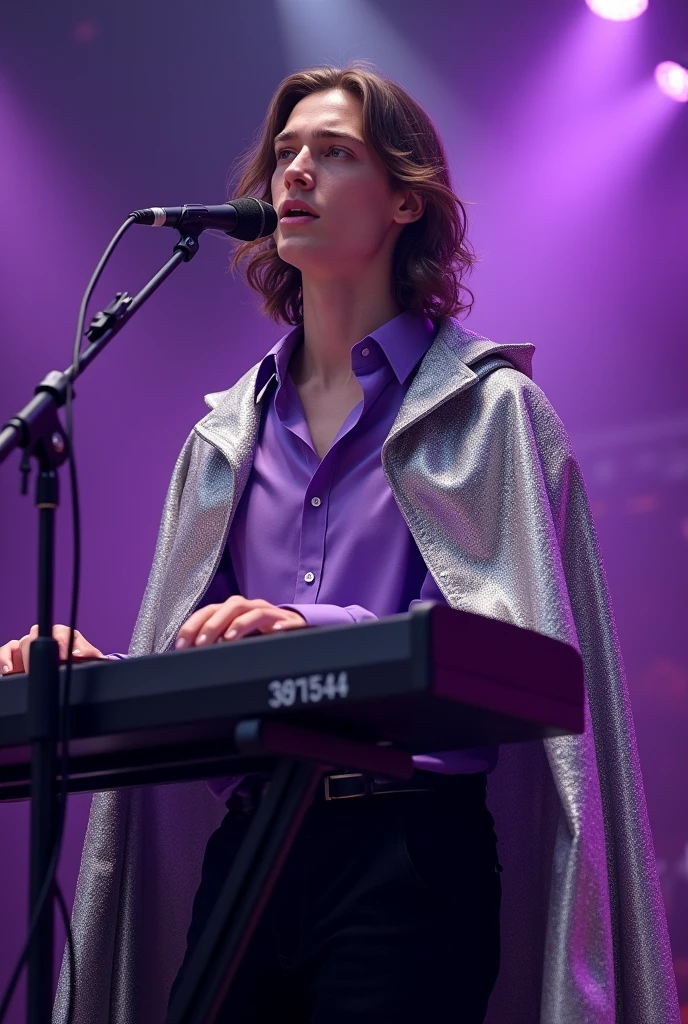 artwork best quality realistic image handsome american male teenager long brown hair light skin in purple button down shirt and black pants with shiny silver cape and hood shining brightly playing piano and singing with a microphone in front of him with purple lights around it illuminating him intricate details singing seen from afar at a concert with detailed uhq 8k realism