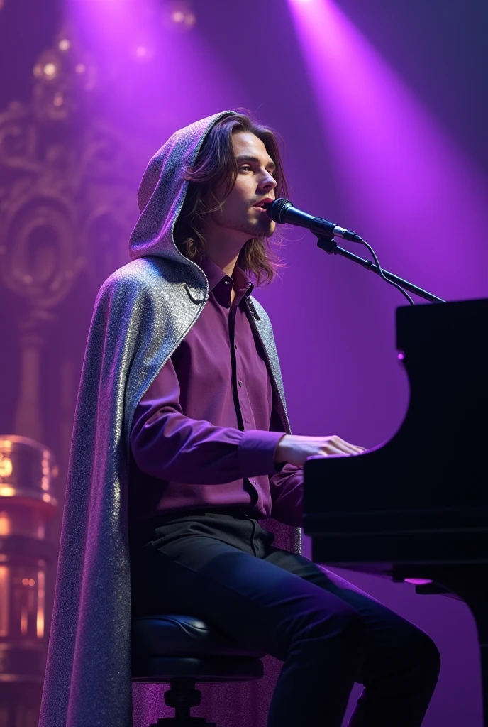 artwork best quality realistic image handsome american male teenager long brown hair light skin in purple button down shirt and black pants with shiny silver cape and hood shining brightly playing piano and singing with a microphone in front of him with purple lights around it illuminating him intricate details singing seen from afar at a concert with detailed uhq 8k realism