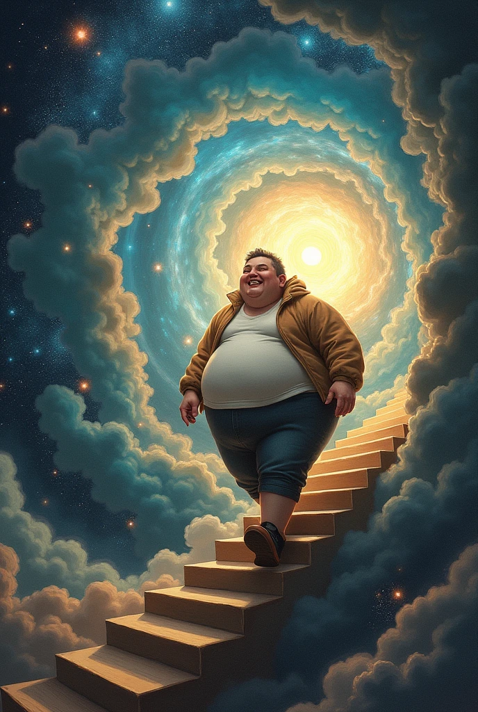 A fat white person with a happy expression walking down the stairs while the universe is torn apart with each step he takes
