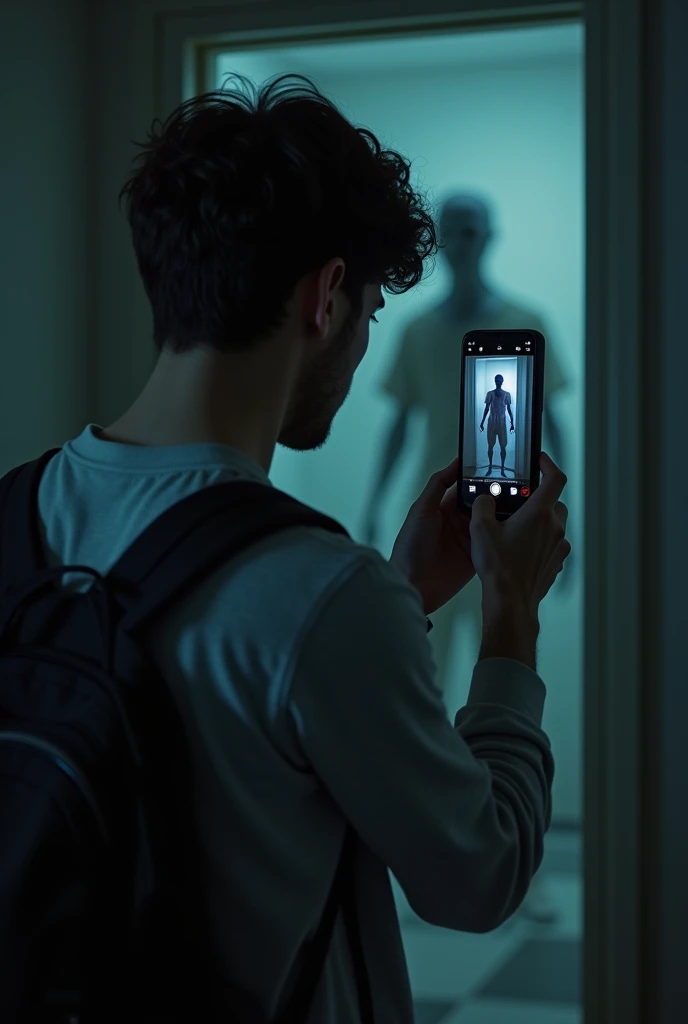 generate me a photo of a character who films himself and who sees a man behind who IS thé phone
