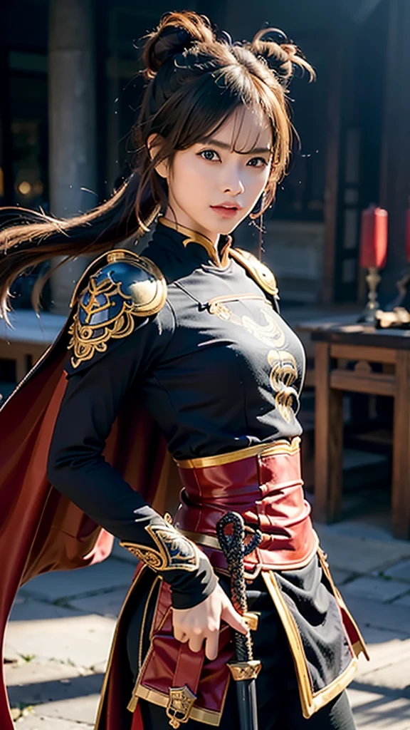 (Best quality), (Masterpiece), bel homme, Lu Bu, corps parfait, (visage parfait, ratio facial parfait, poils topknot) (Wearing ancient armor of Chinese warriors, Style Youxia, Longue cape rouge), (Holding a double-edged longsword, Chinese sword), (Pose de combat dynamique, detailed anatomy, Meilleure anatomie), (dark lighting, mouvement dynamique, high saturation, 8k resolution), (Angle dynamique, Foggy and smoky environment, Contexte du champ de bataille)